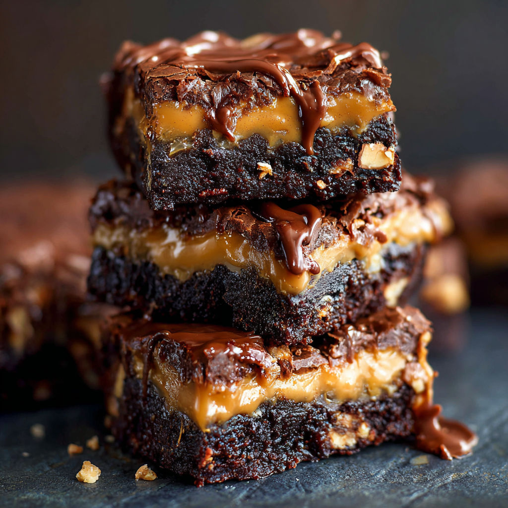 A stack of brownies with caramel drizzle.