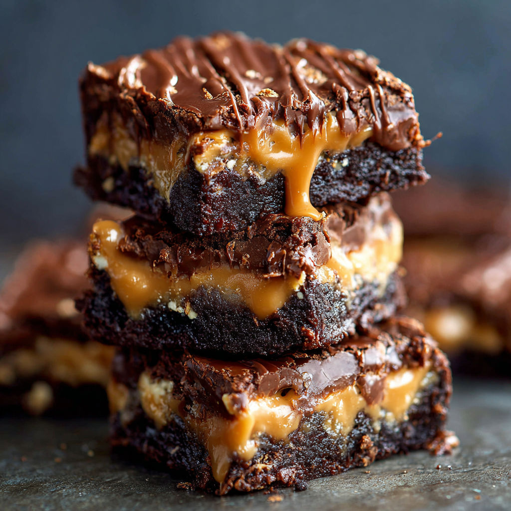 Three stacked brownies with caramel drizzle.