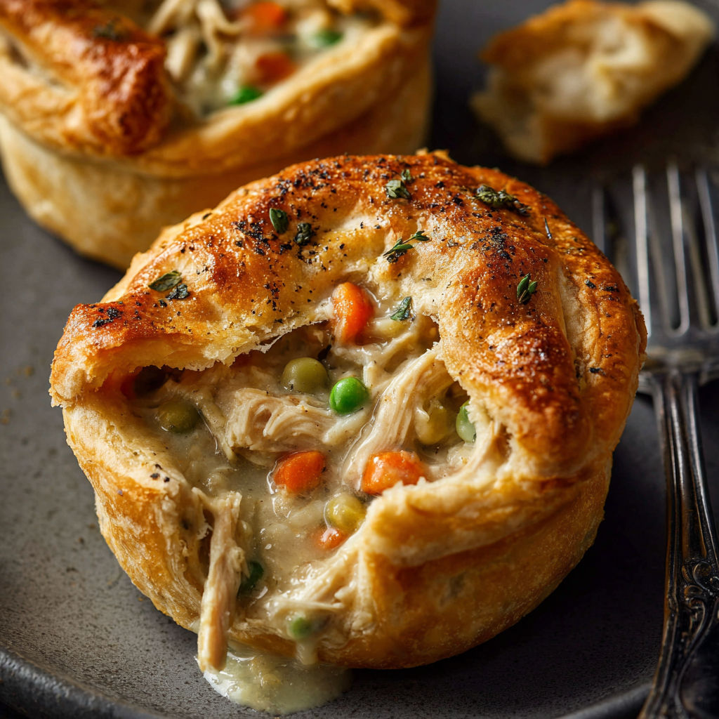 A small pastry with a filling of chicken and vegetables.