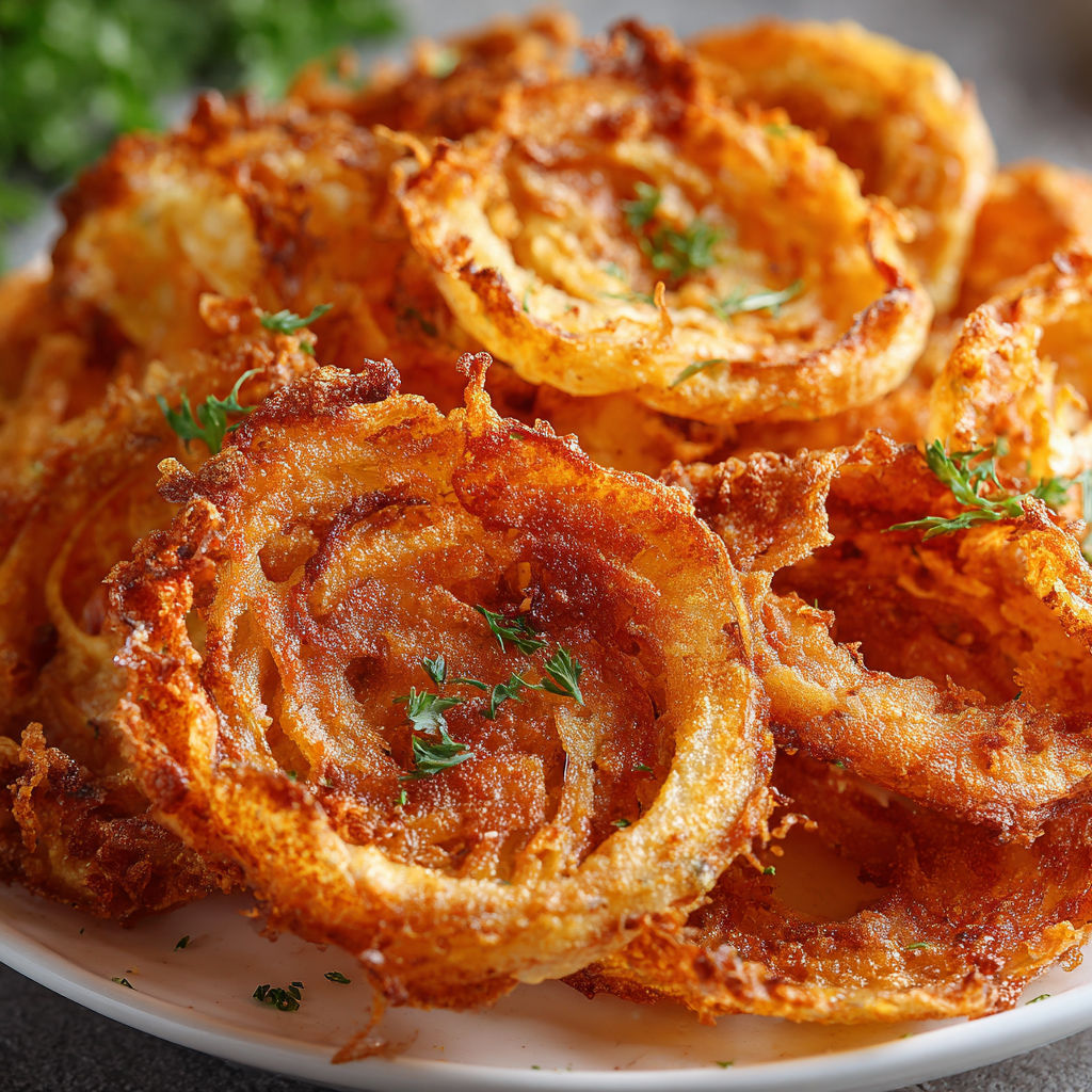 A plate of onion rings with parsley on top.