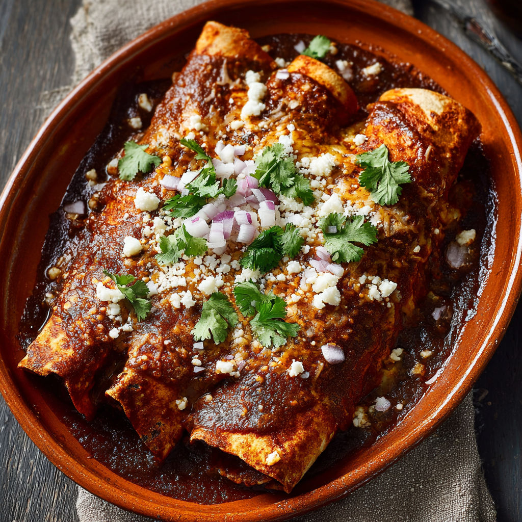 A bowl of chicken mole enchiladas.