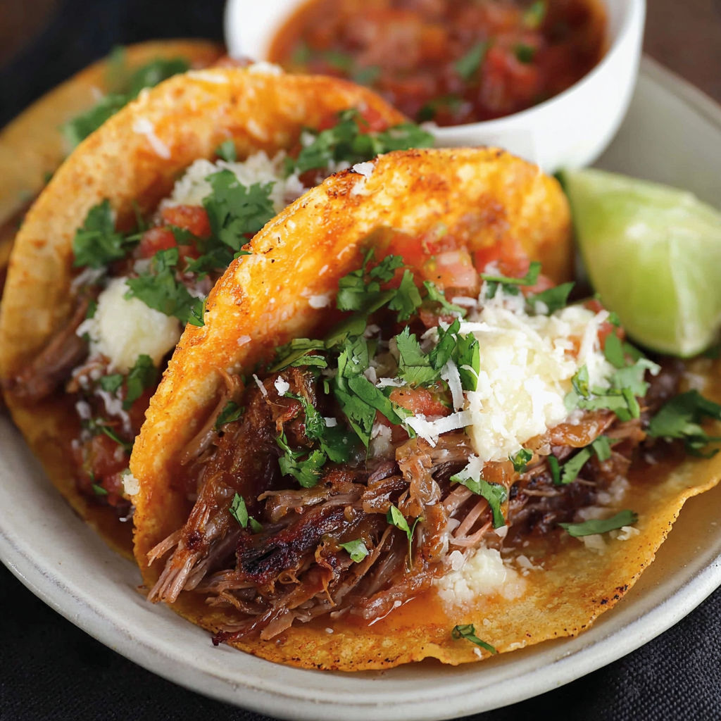 A plate of delicious looking birria tacos.