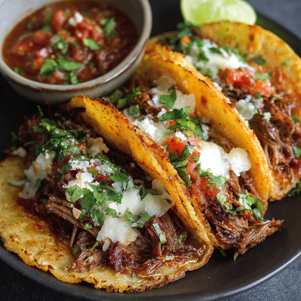 A plate of food with two tacos and a bowl of salsa.