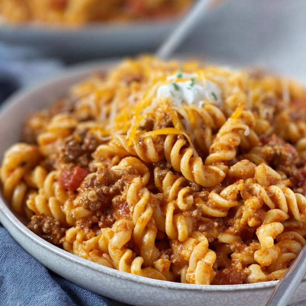 A bowl of cheesy taco pasta.