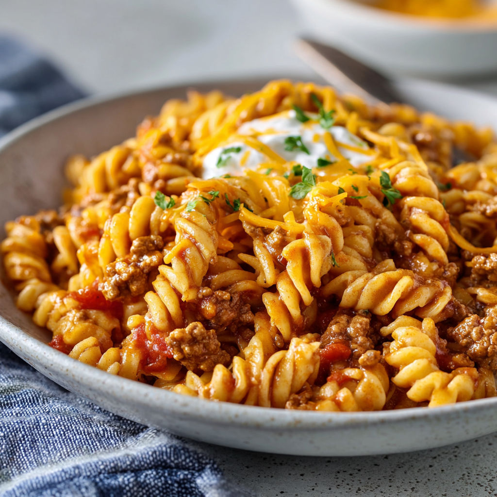 A bowl of cheesy taco pasta.