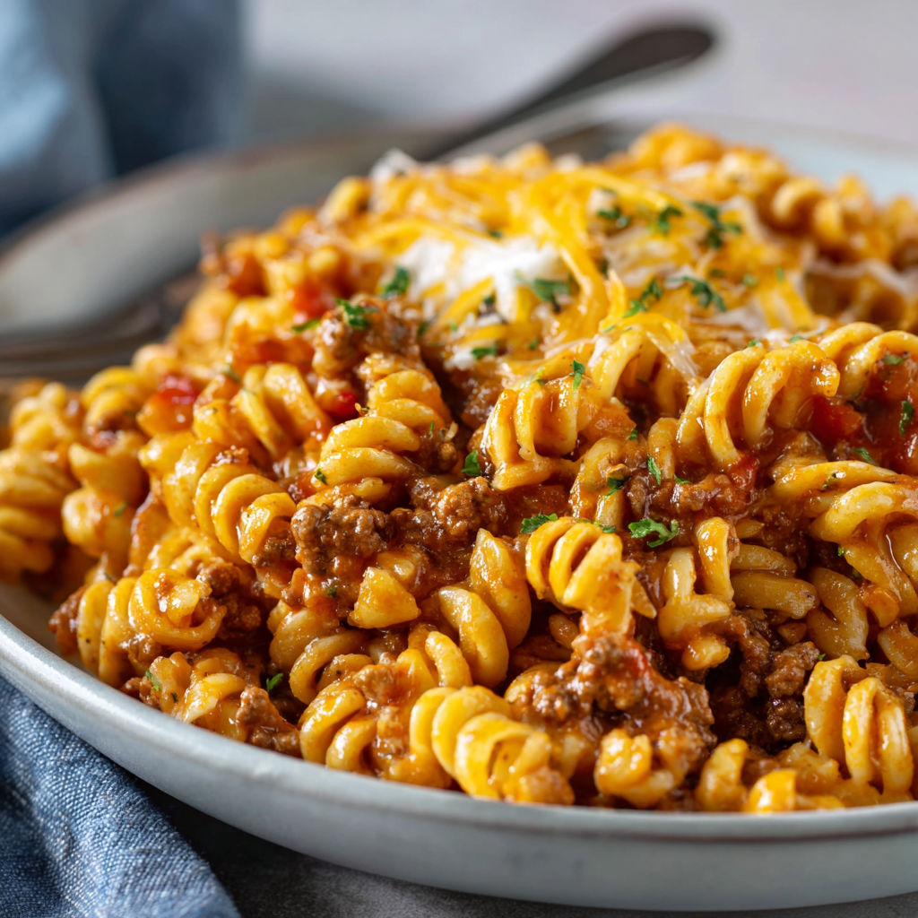 A plate of cheesy taco pasta.