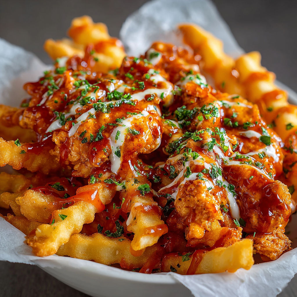 A plate of chicken and waffle fries.
