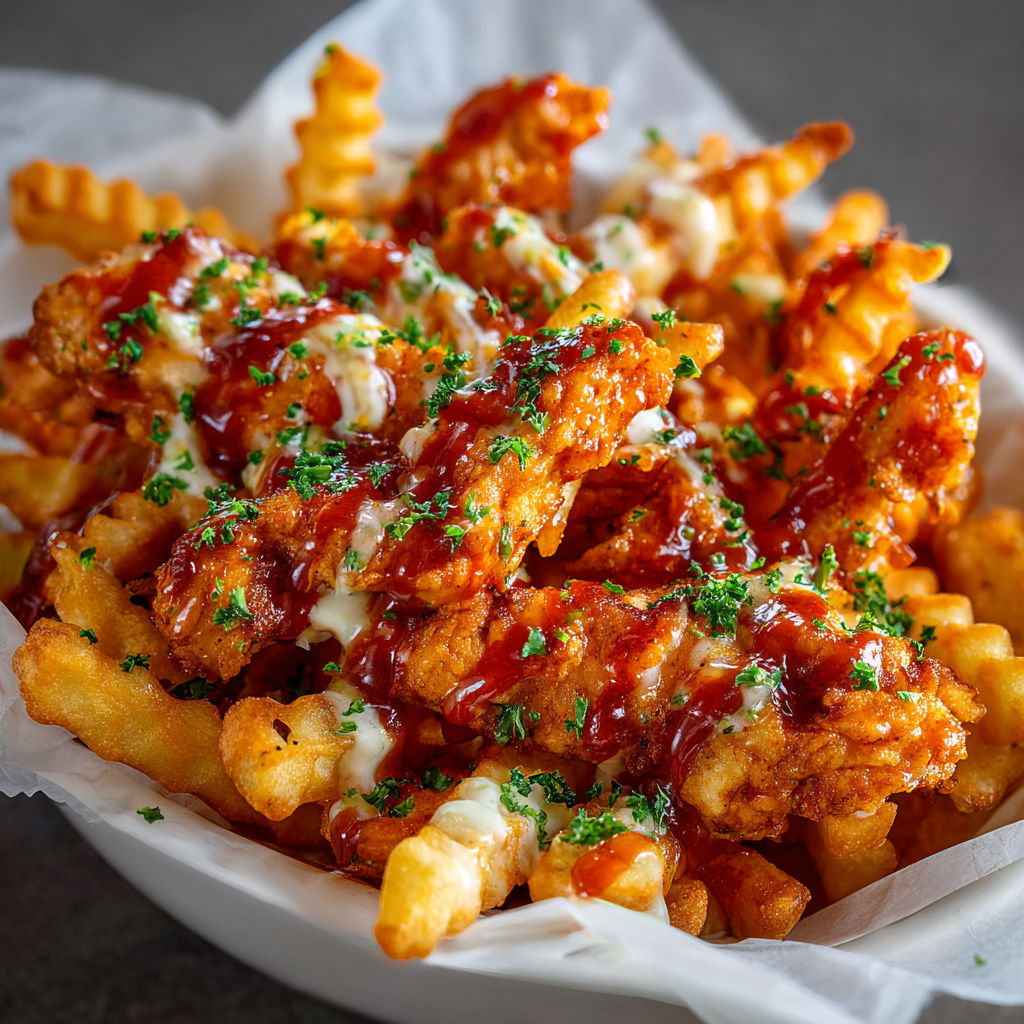 A plate of fries with cheese and ketchup.