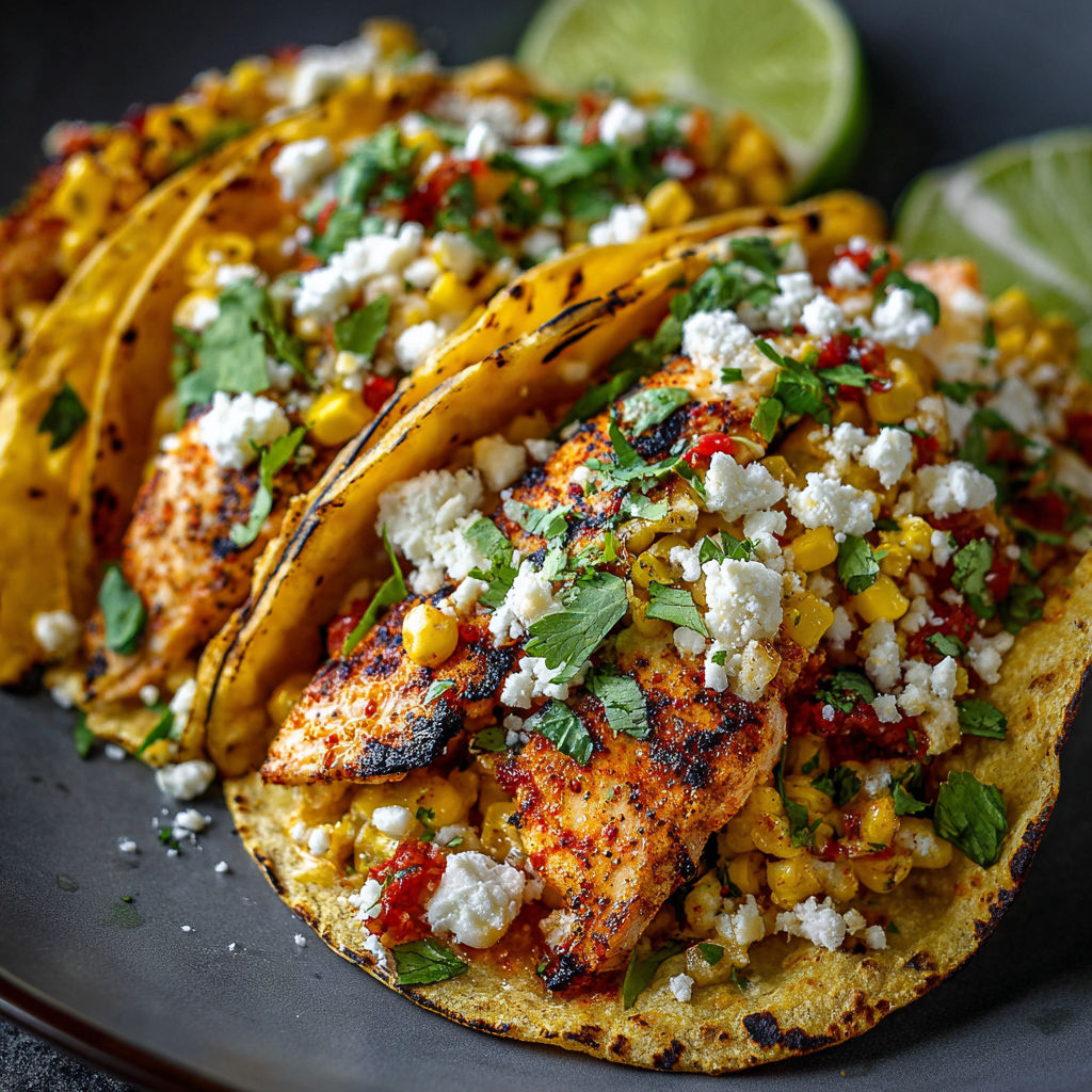 A plate of chicken tacos with corn and lime.