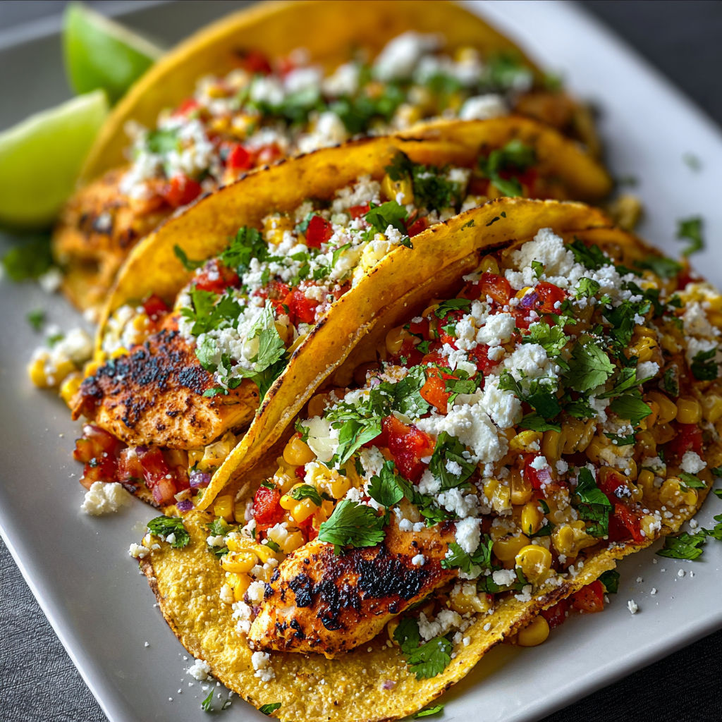A plate of food with chicken, corn, and tomatoes.