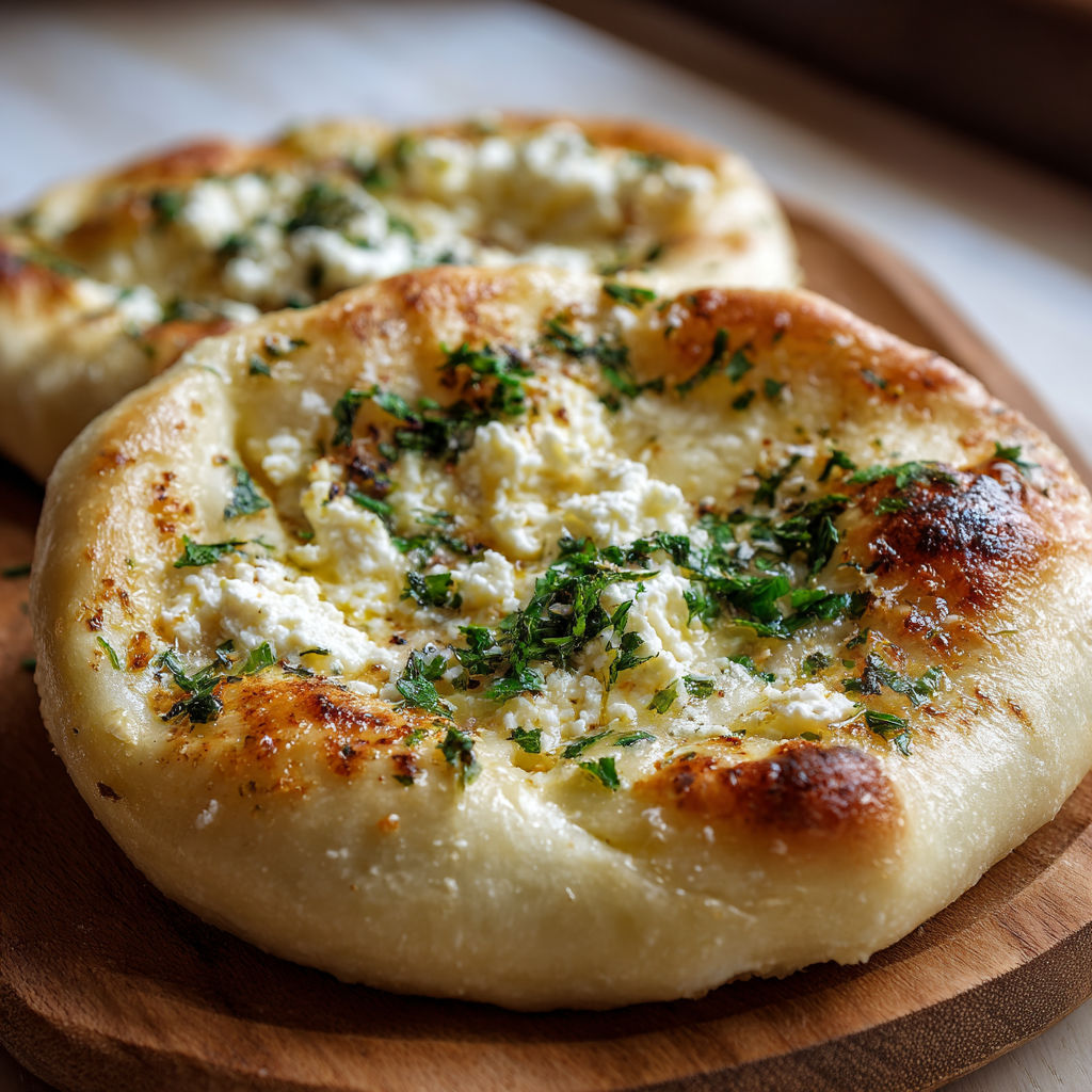 Two pizzas with cheese and herbs on a wooden table.