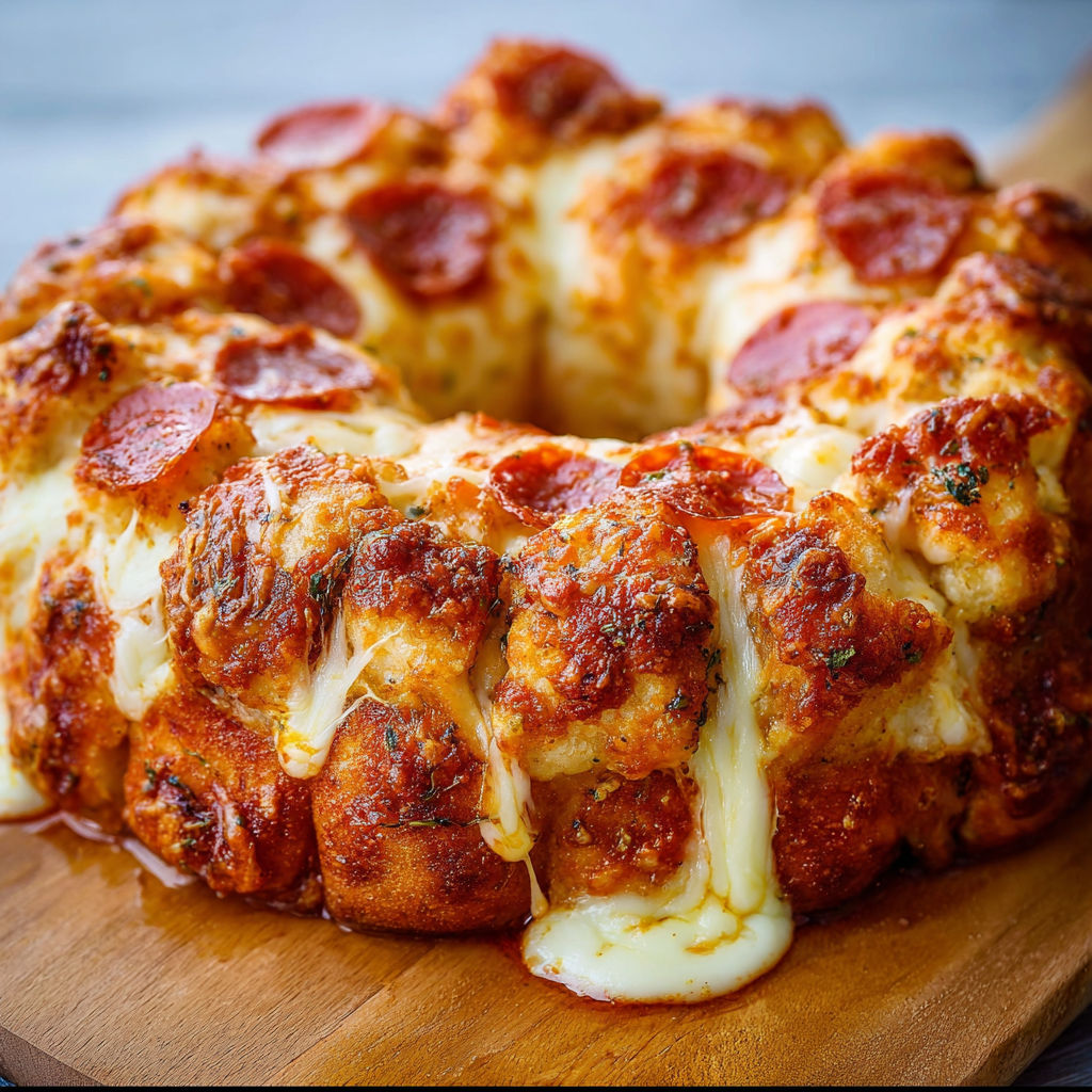 A pizza monkey bread is on a wooden board.