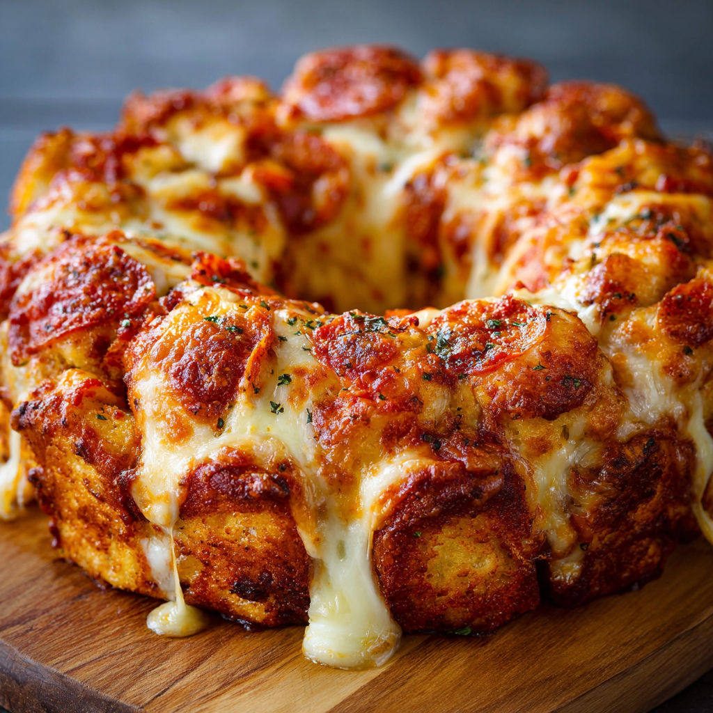 A cheesy cake with a golden crust.