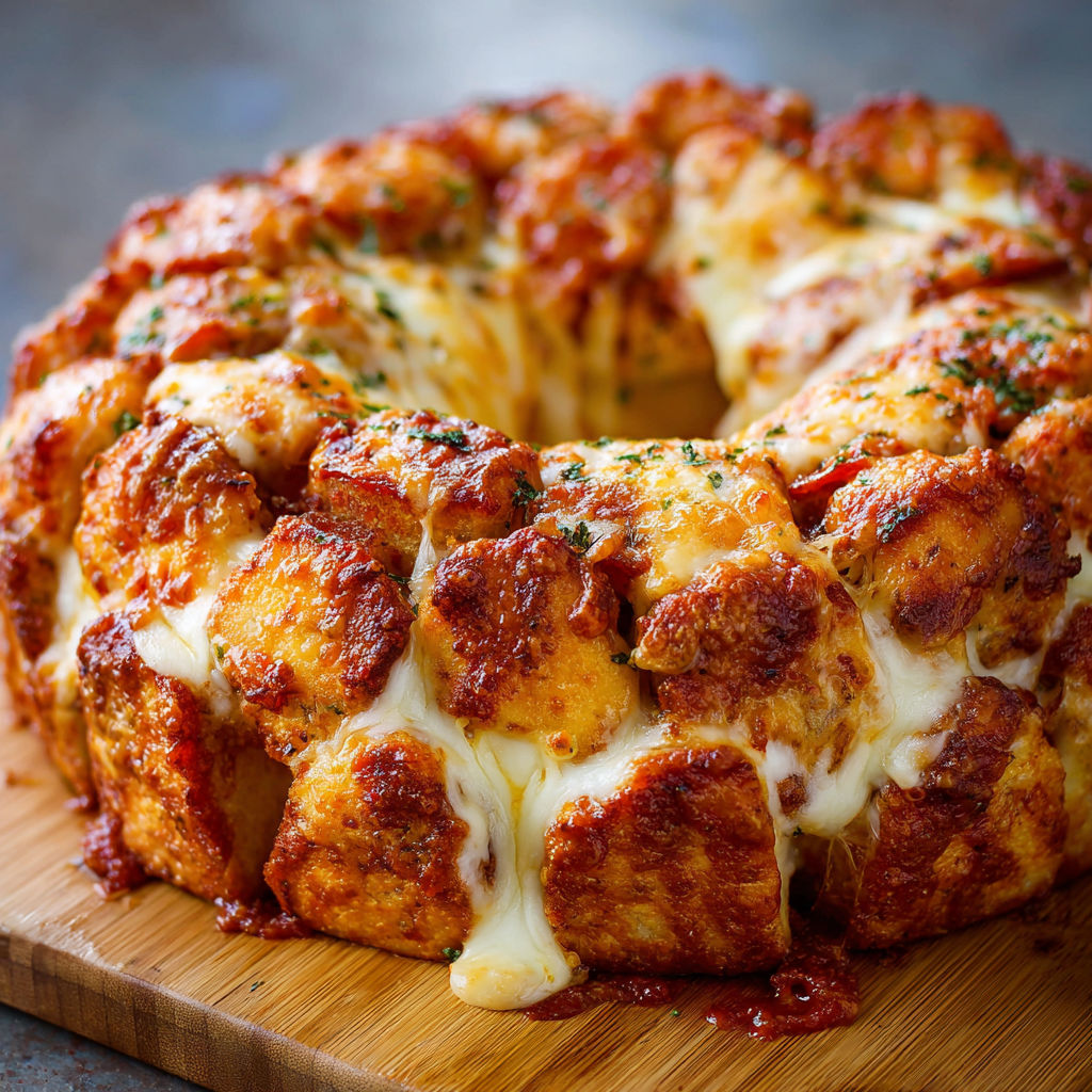 A cheesy casserole with a golden brown crust.