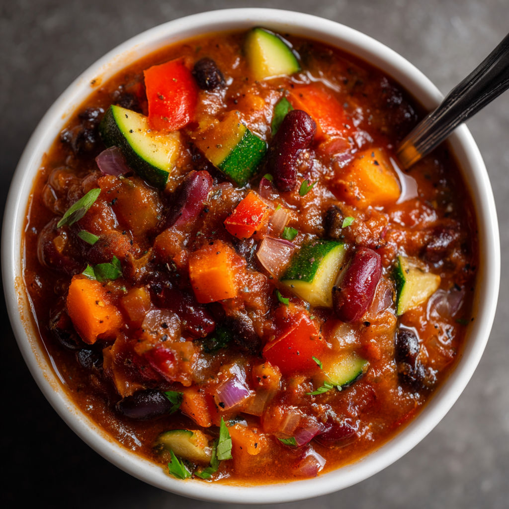 A bowl of soup with vegetables and beans.
