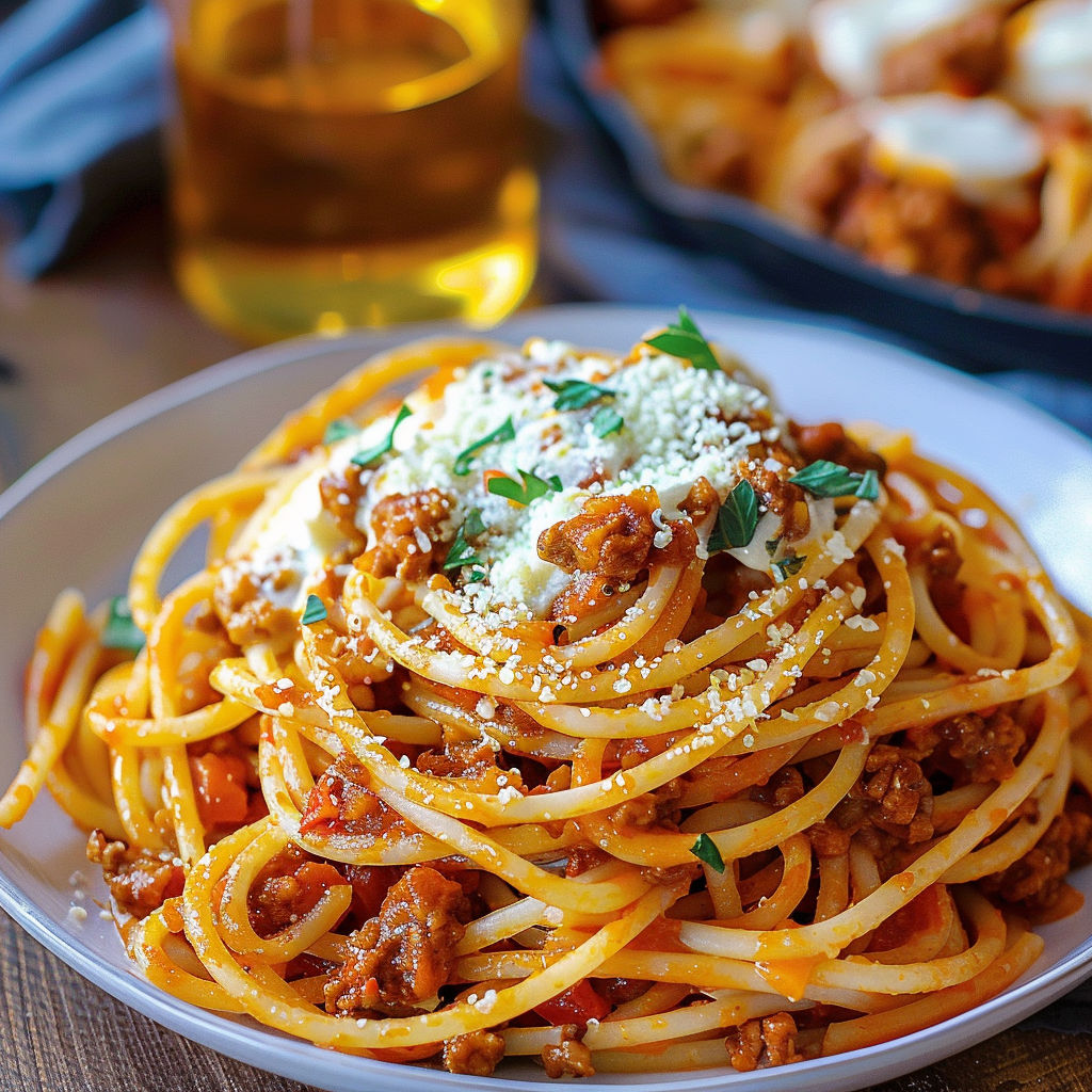 A plate of spaghetti with meat sauce and cheese.
