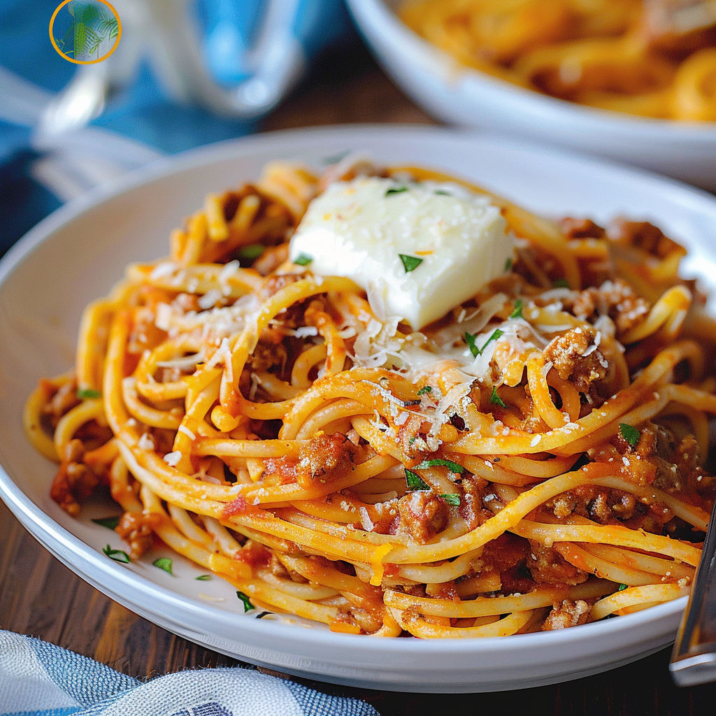 A plate of spaghetti with meat and cheese.