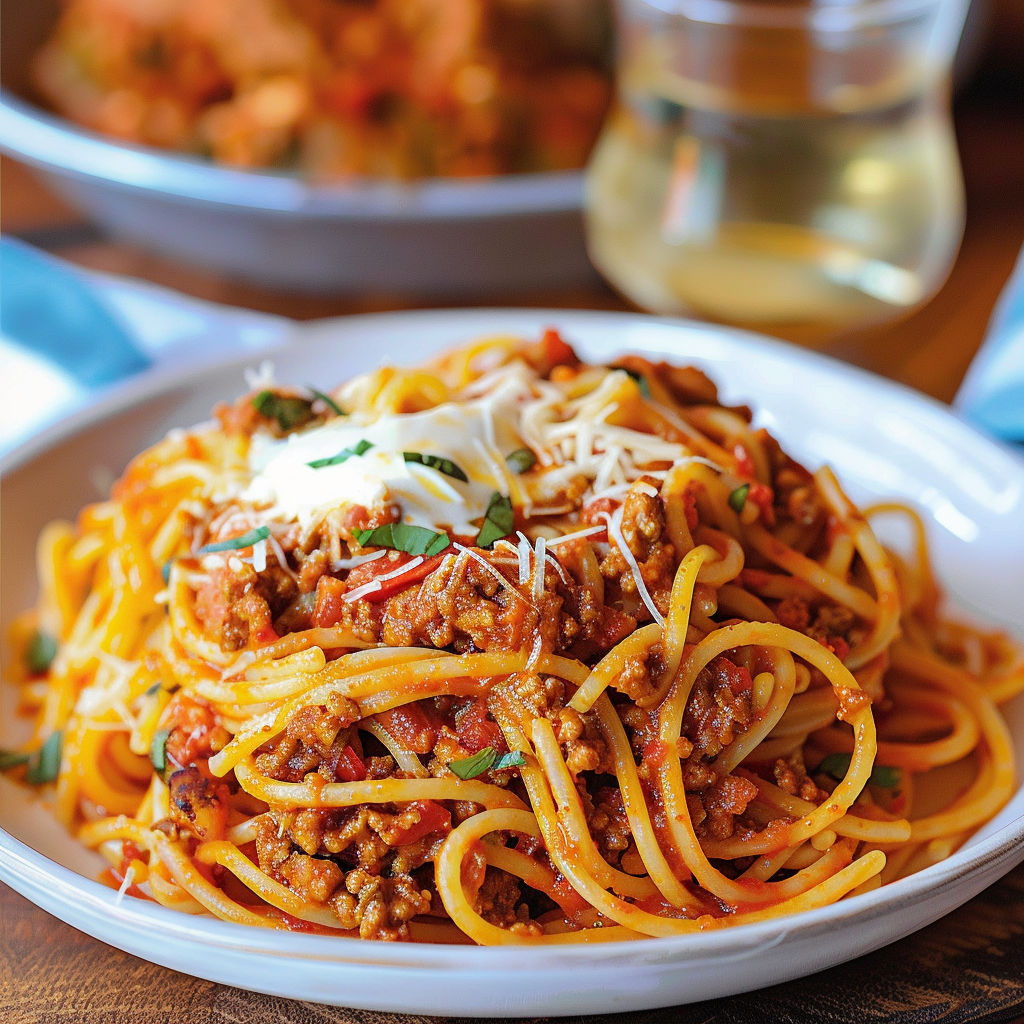 A plate of spaghetti with meat sauce and cheese.