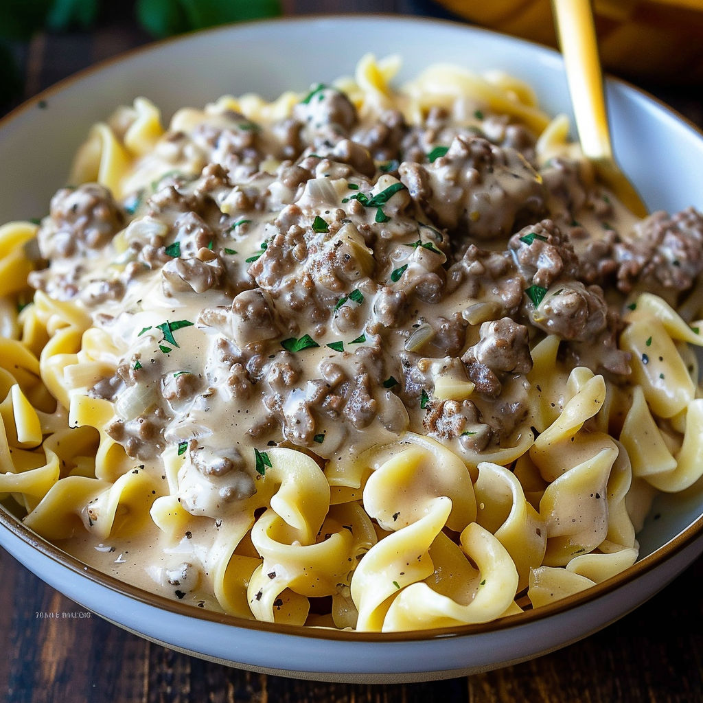 A bowl of ground beef stroganoff.