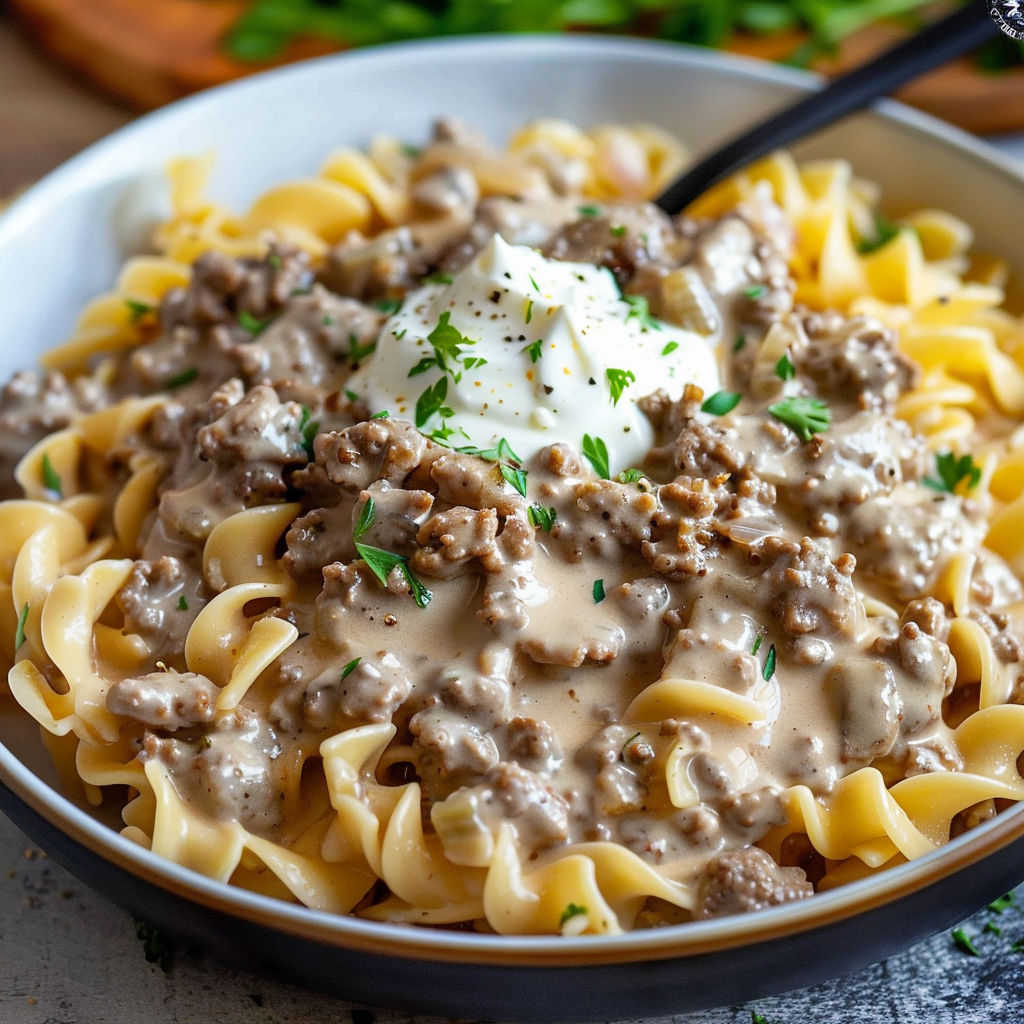 A bowl of pasta with meat and cheese.