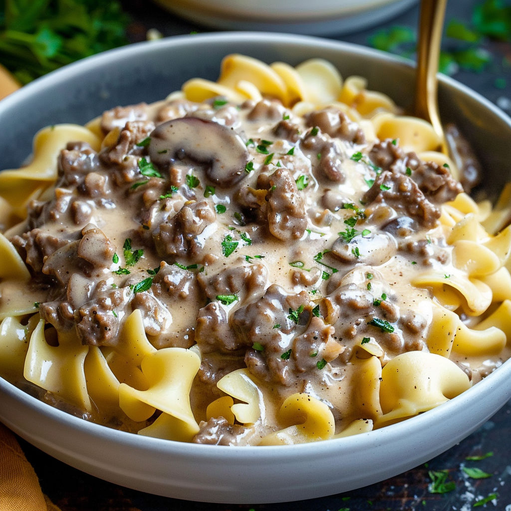 A bowl of pasta with meat and mushrooms.