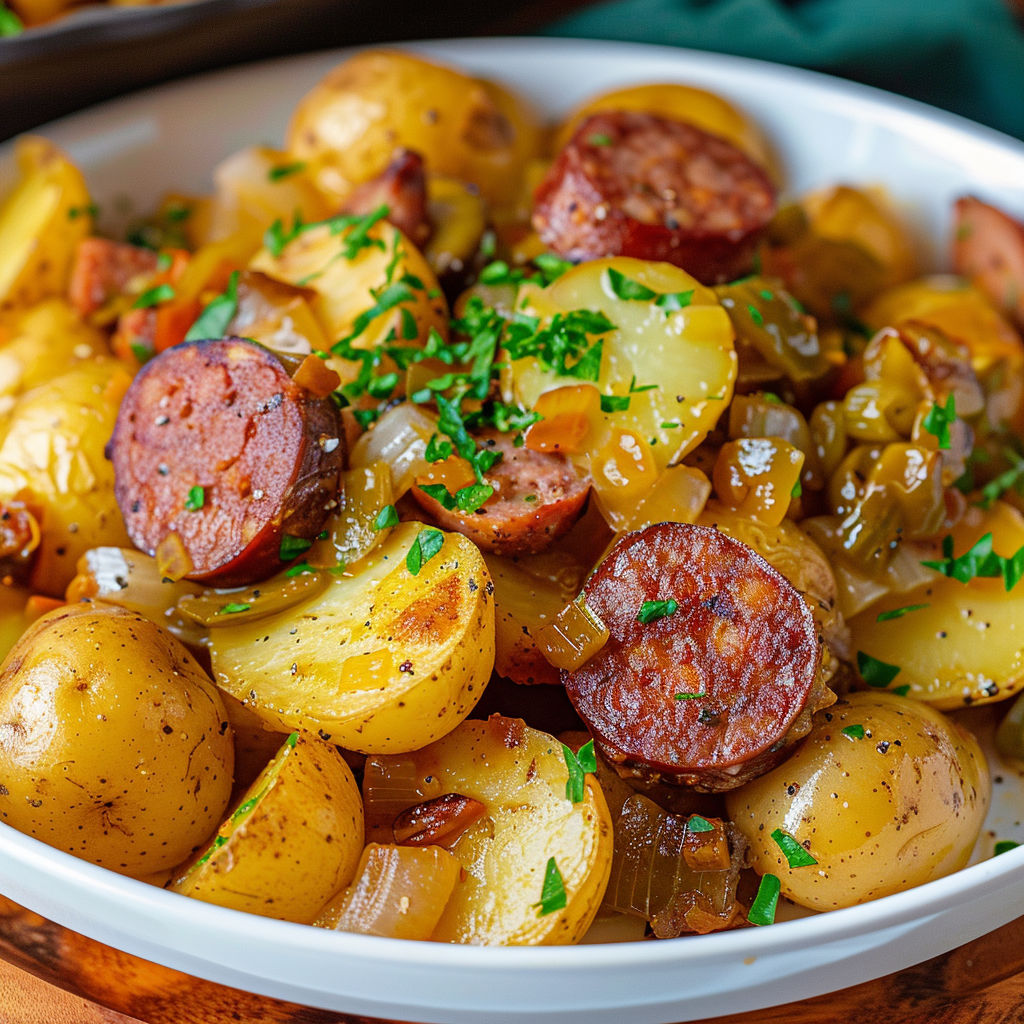 A bowl of potatoes and sausage.