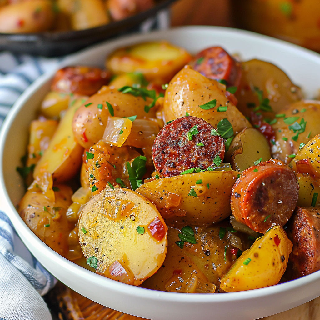 A bowl of potatoes with sausage and peppers.