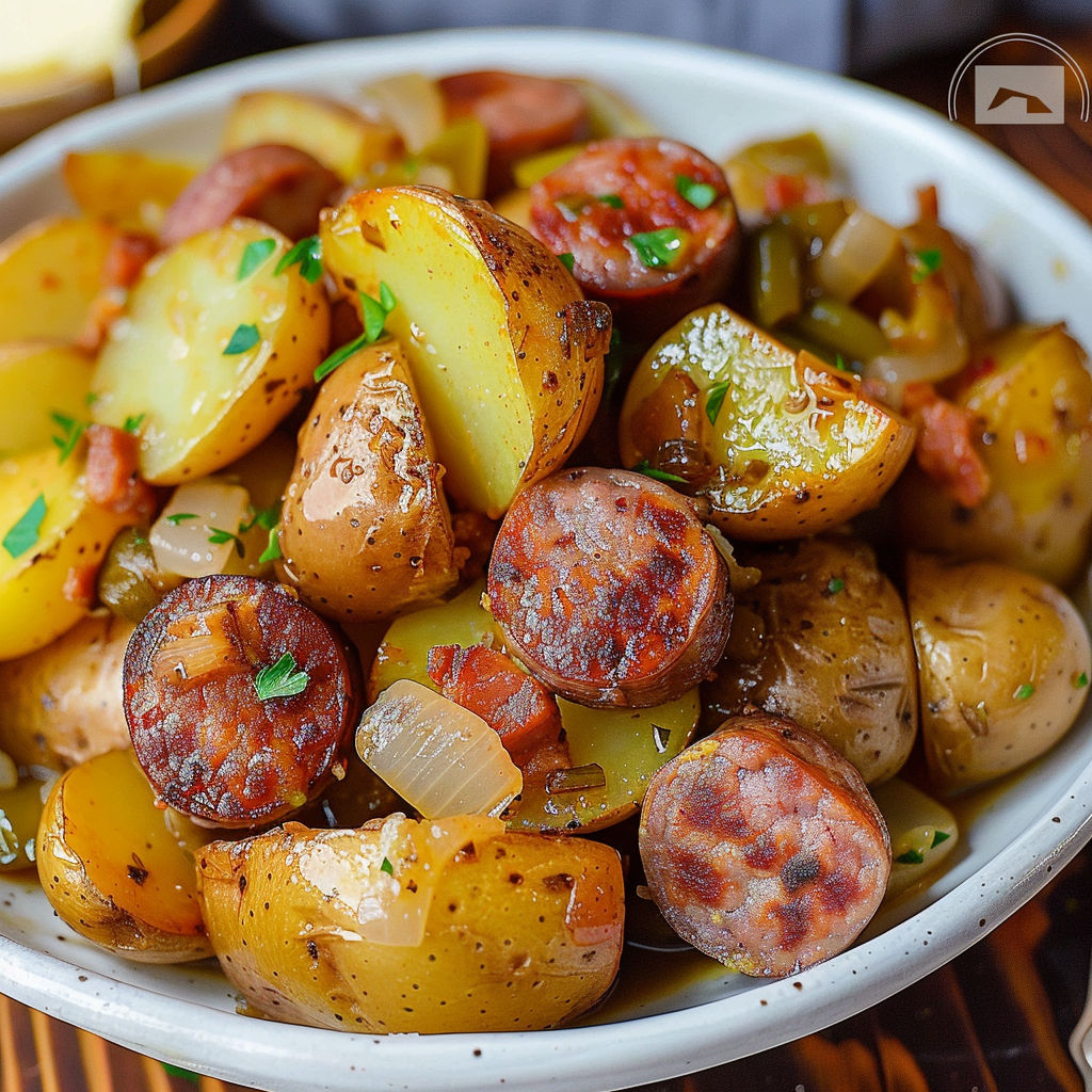 A bowl of potatoes and sausage.