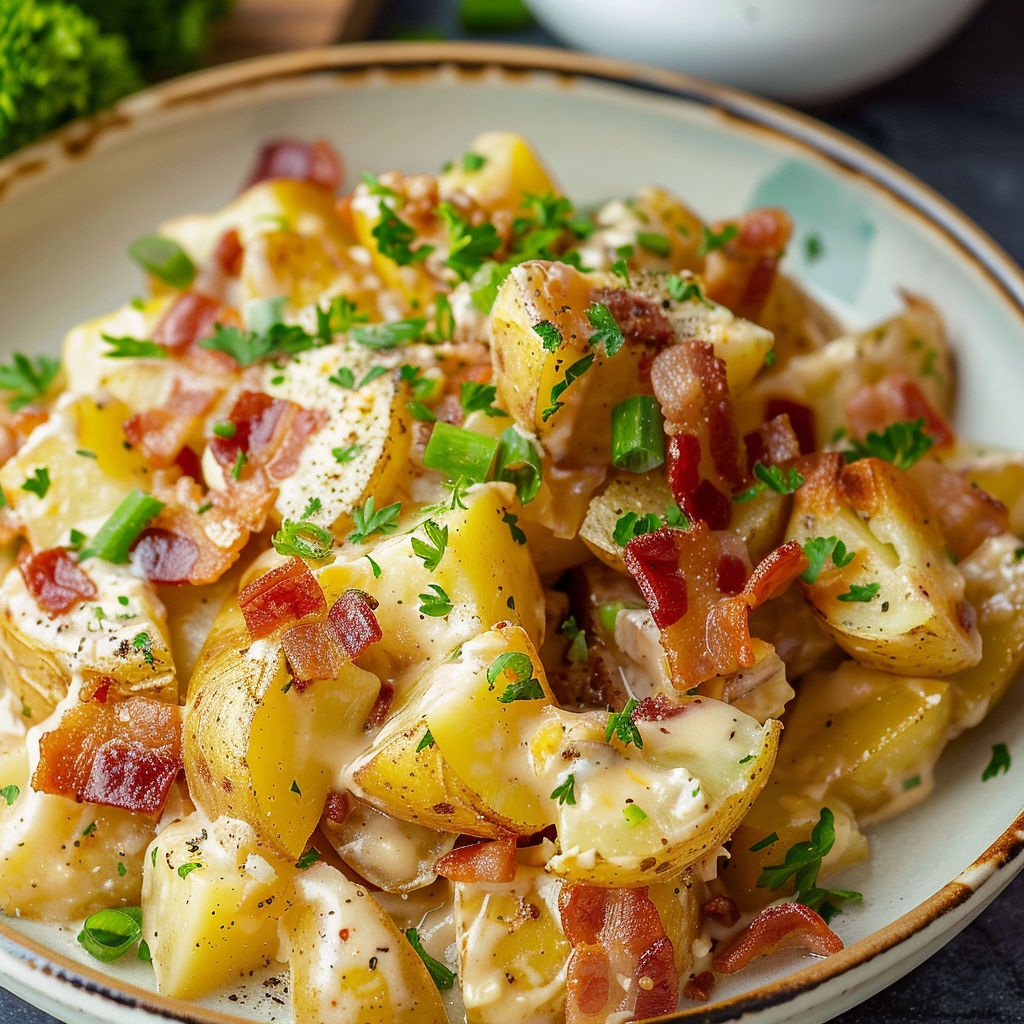 A plate of bacon and potatoes.