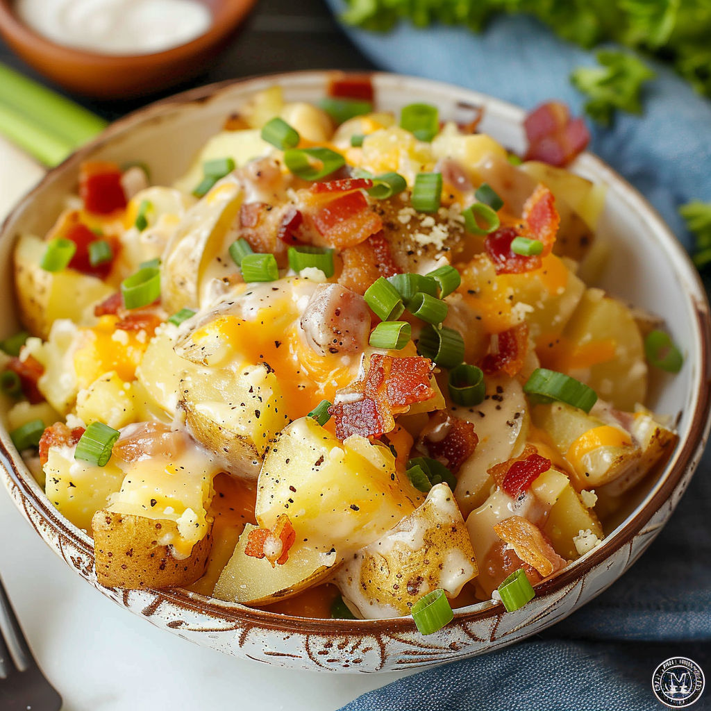A bowl of food with bacon and cheese.