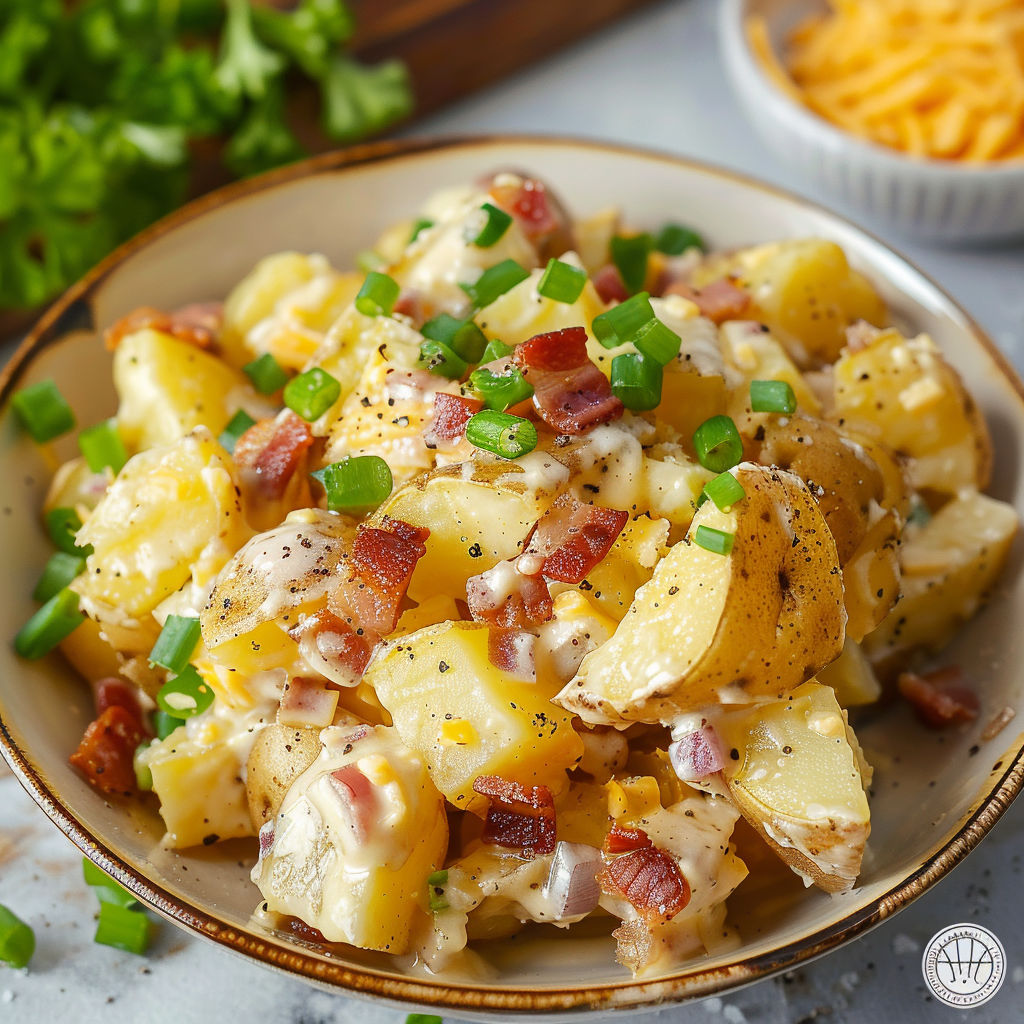 A bowl of food with bacon and potatoes.