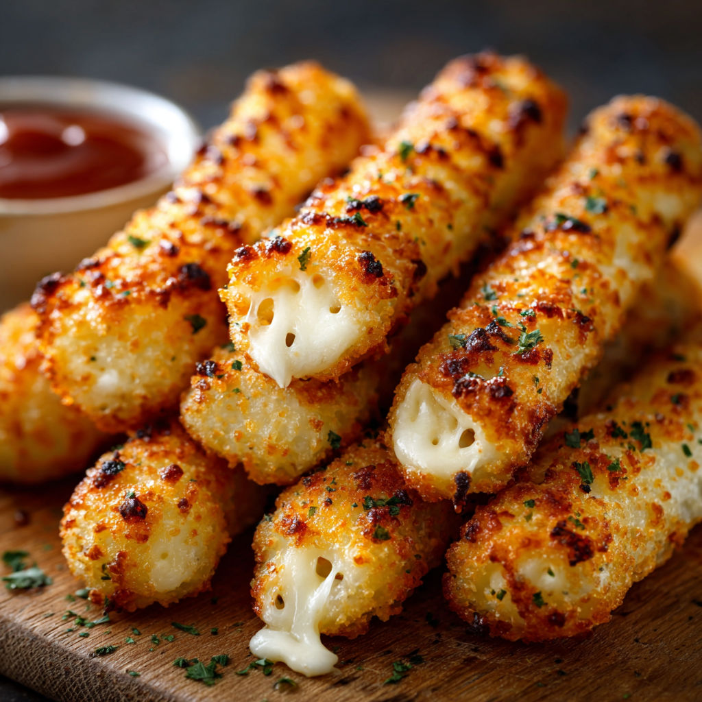 A plate of food with cheese sticks and a dipping sauce.