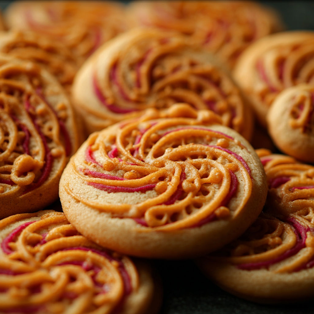 A close up of a cookie with a swirl pattern.