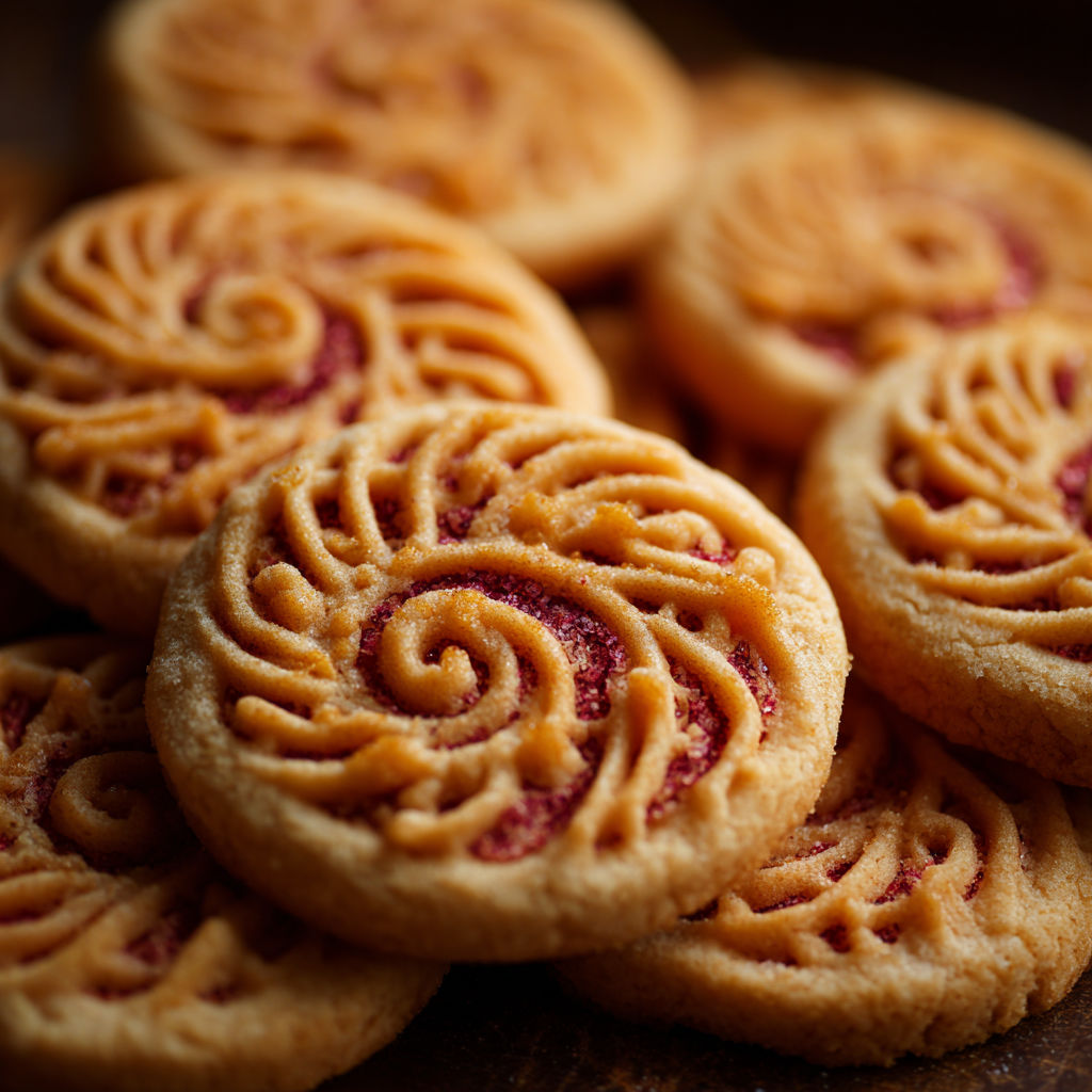 A stack of cookies with a swirl pattern on them.