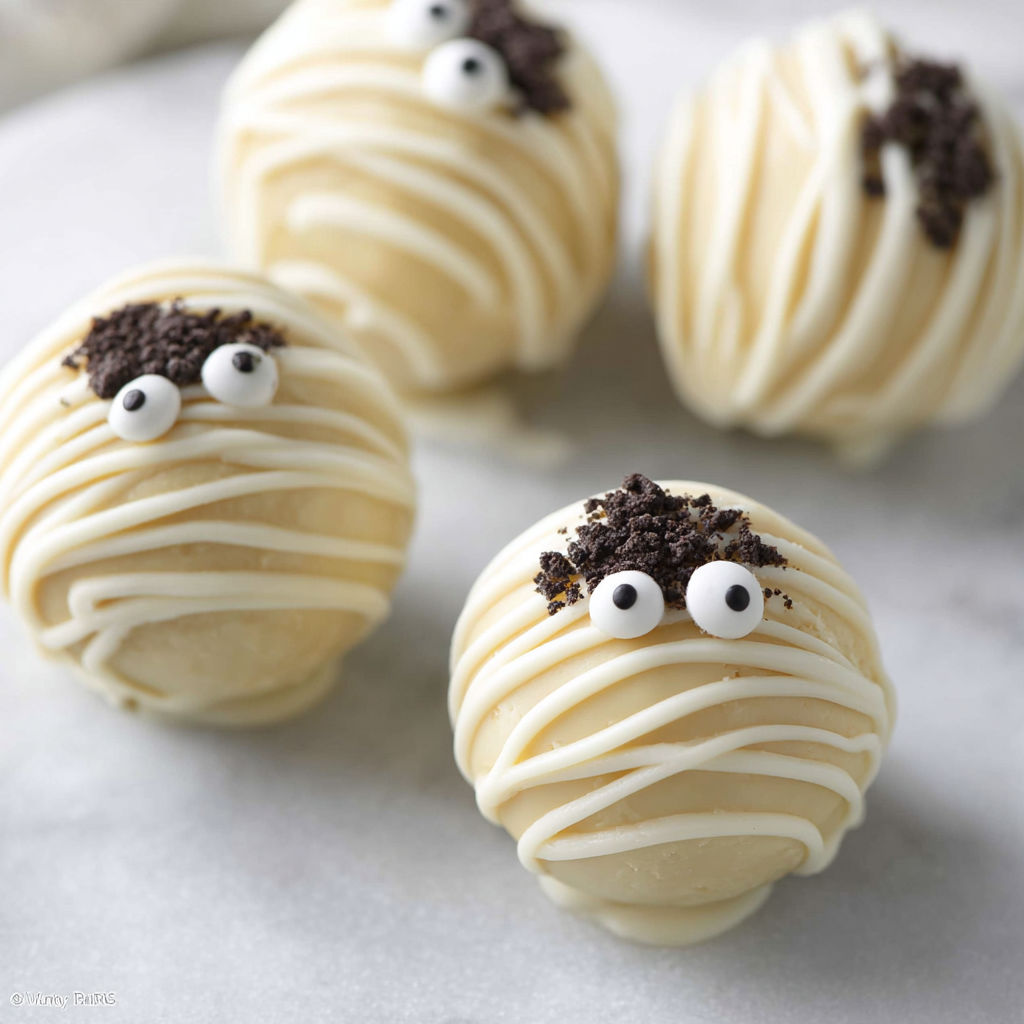 Mummy Oreo balls on a table.
