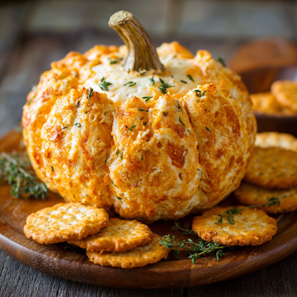 A pumpkin with a cheese filling on a wooden tray.