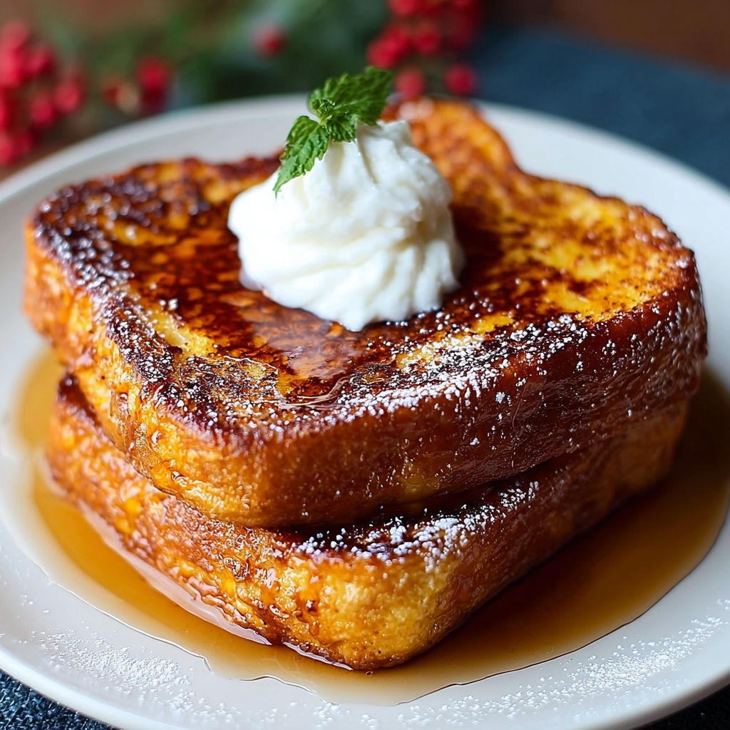 French toast with whipped cream and a sprig of mint.