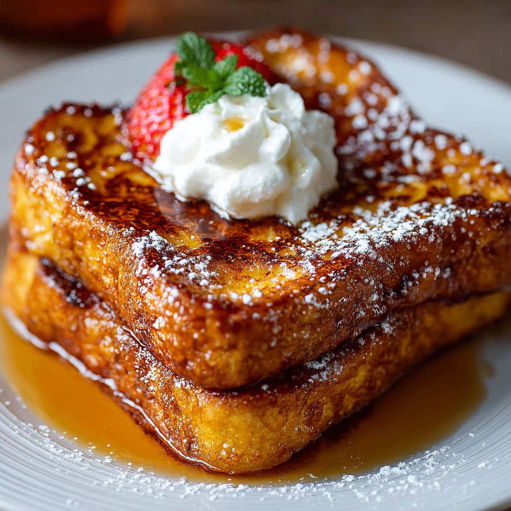 A plate of French toast with whipped cream and a strawberry on top.