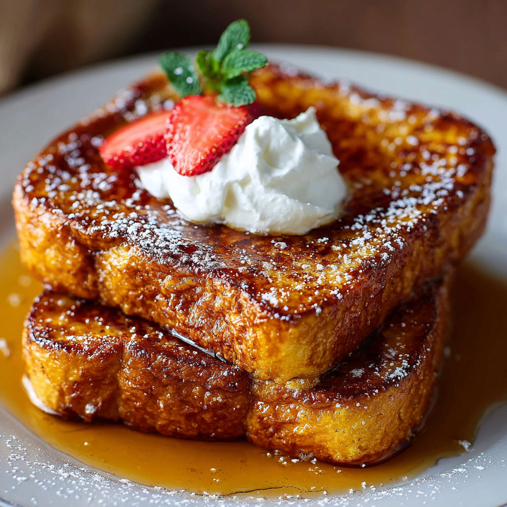 A stack of French toast with a strawberry on top.