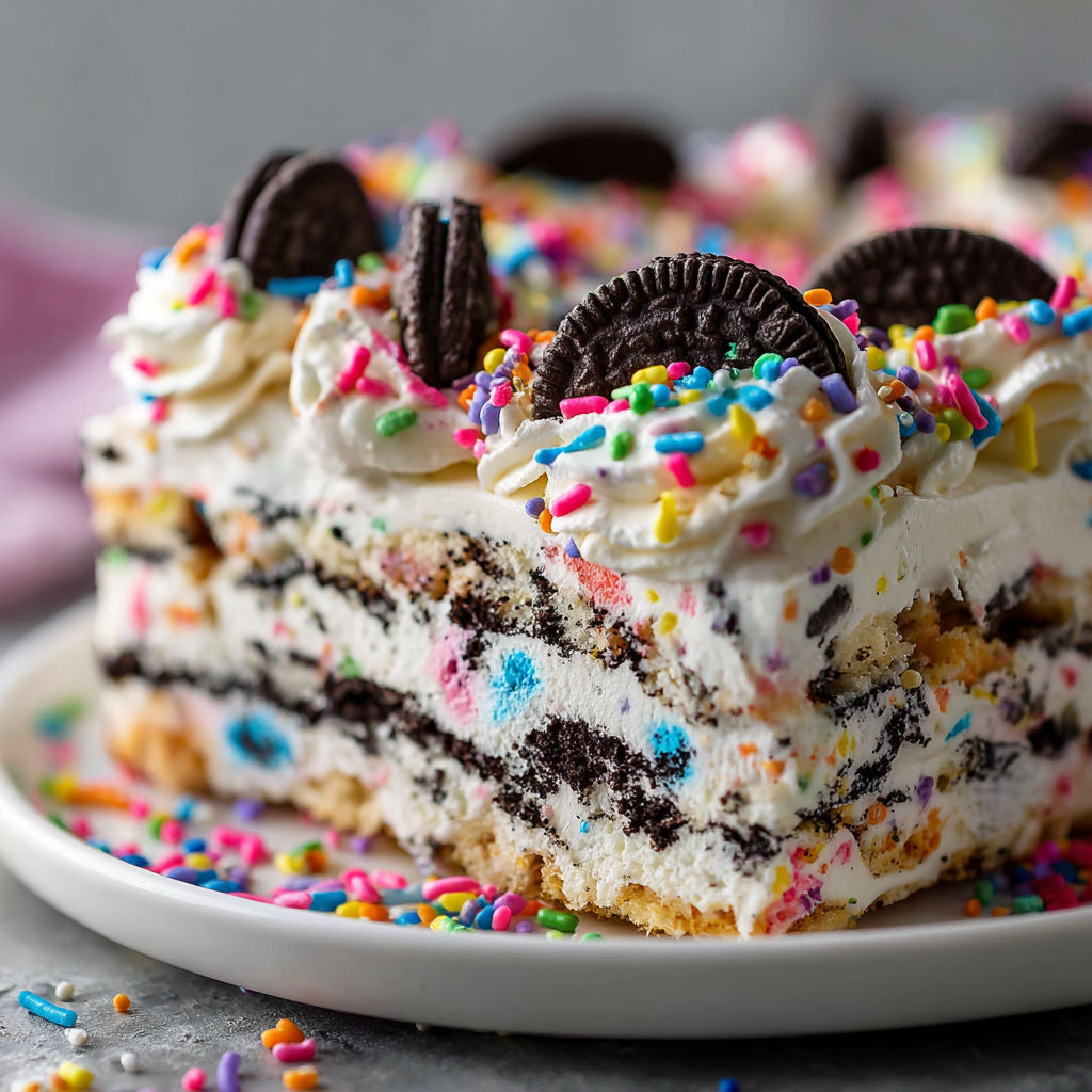 A cake with chocolate and white frosting and colorful sprinkles.