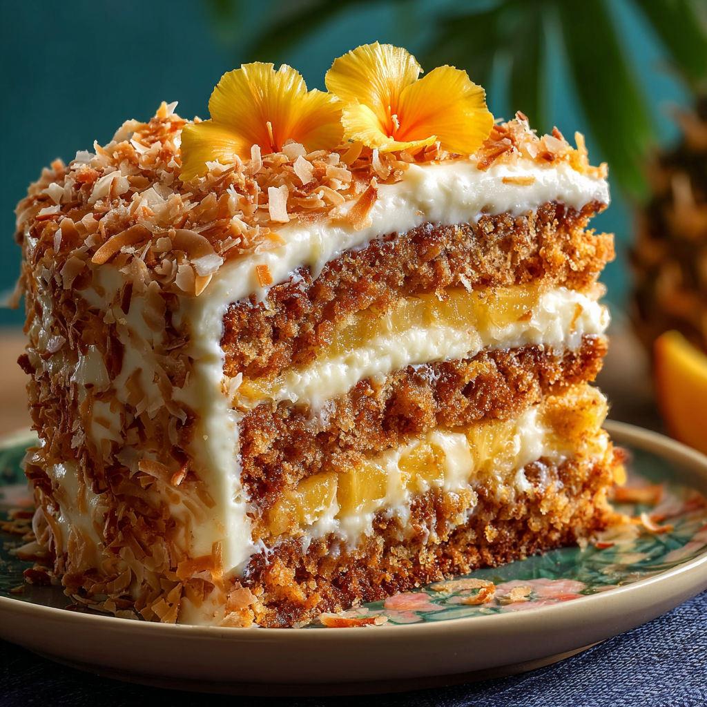 A slice of cake with coconut on top.