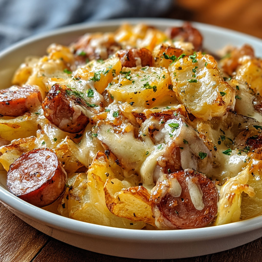 A plate of cheesy ranch potatoes and smoked sausage.