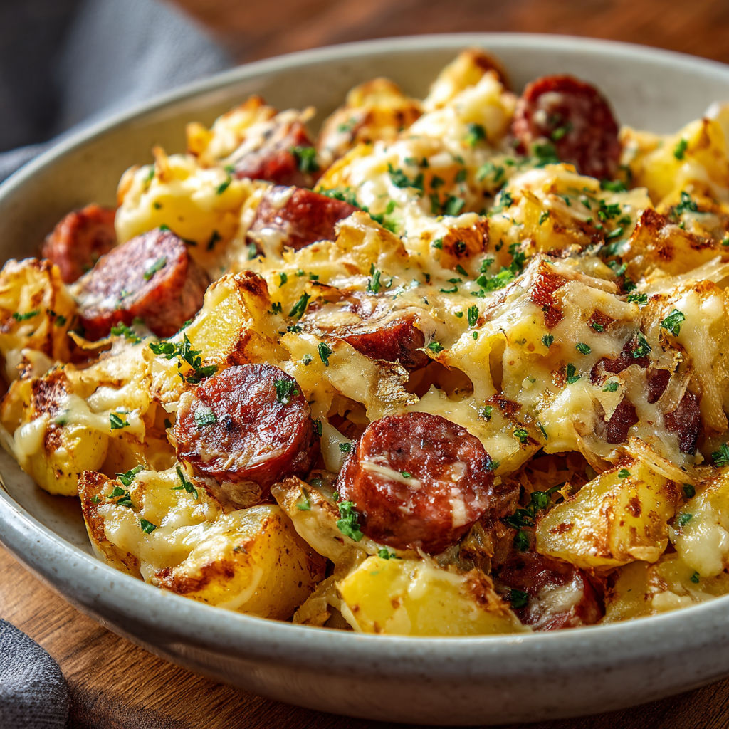 A bowl of food with sausage and potatoes.