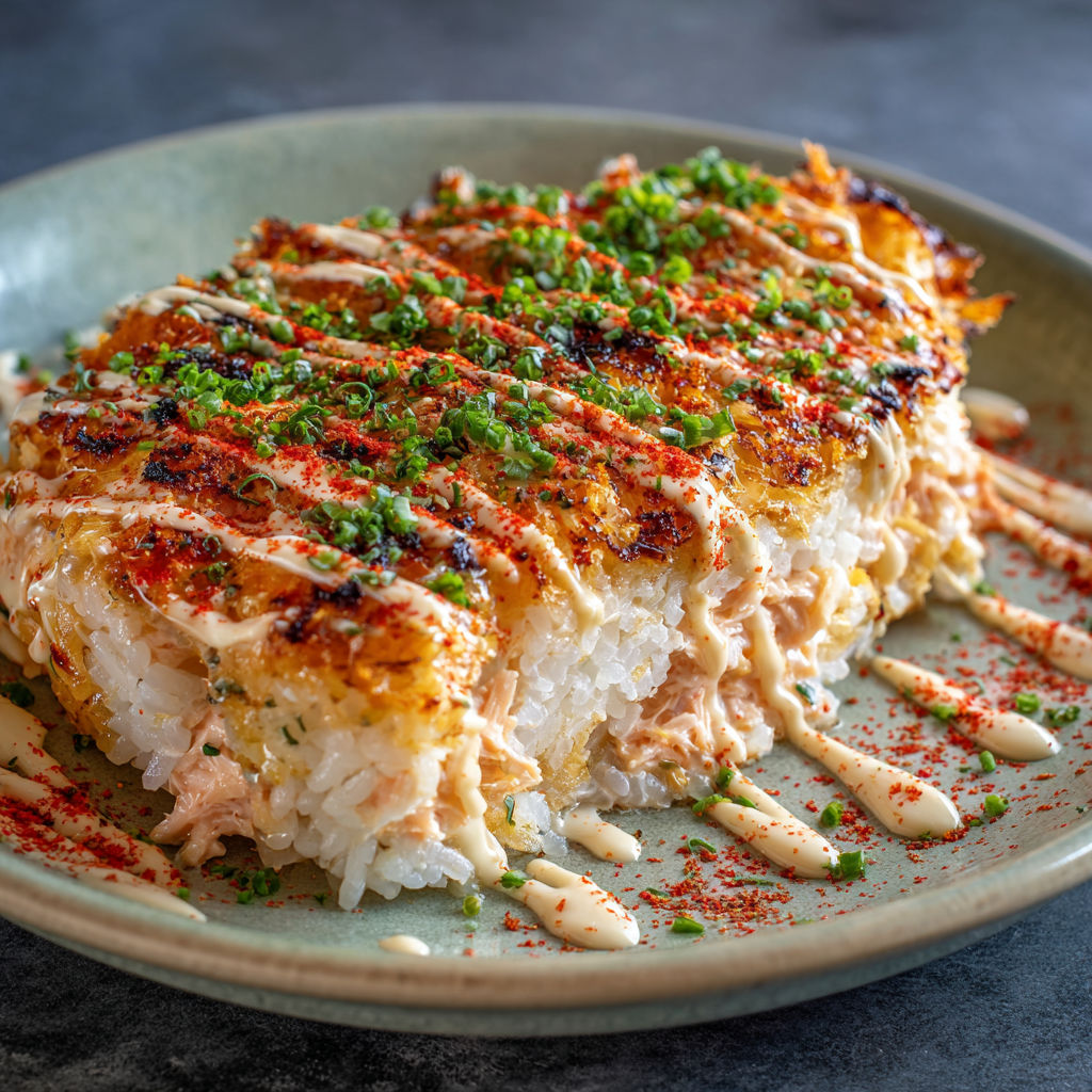 A plate of Spicy Tuna & Creamy Crab Sushi Bake.