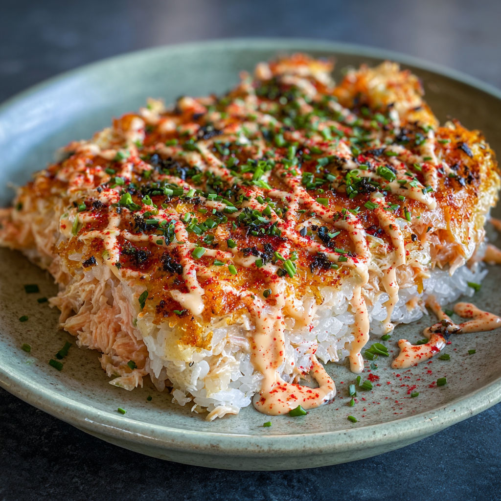 A plate of food with a sauce on top.