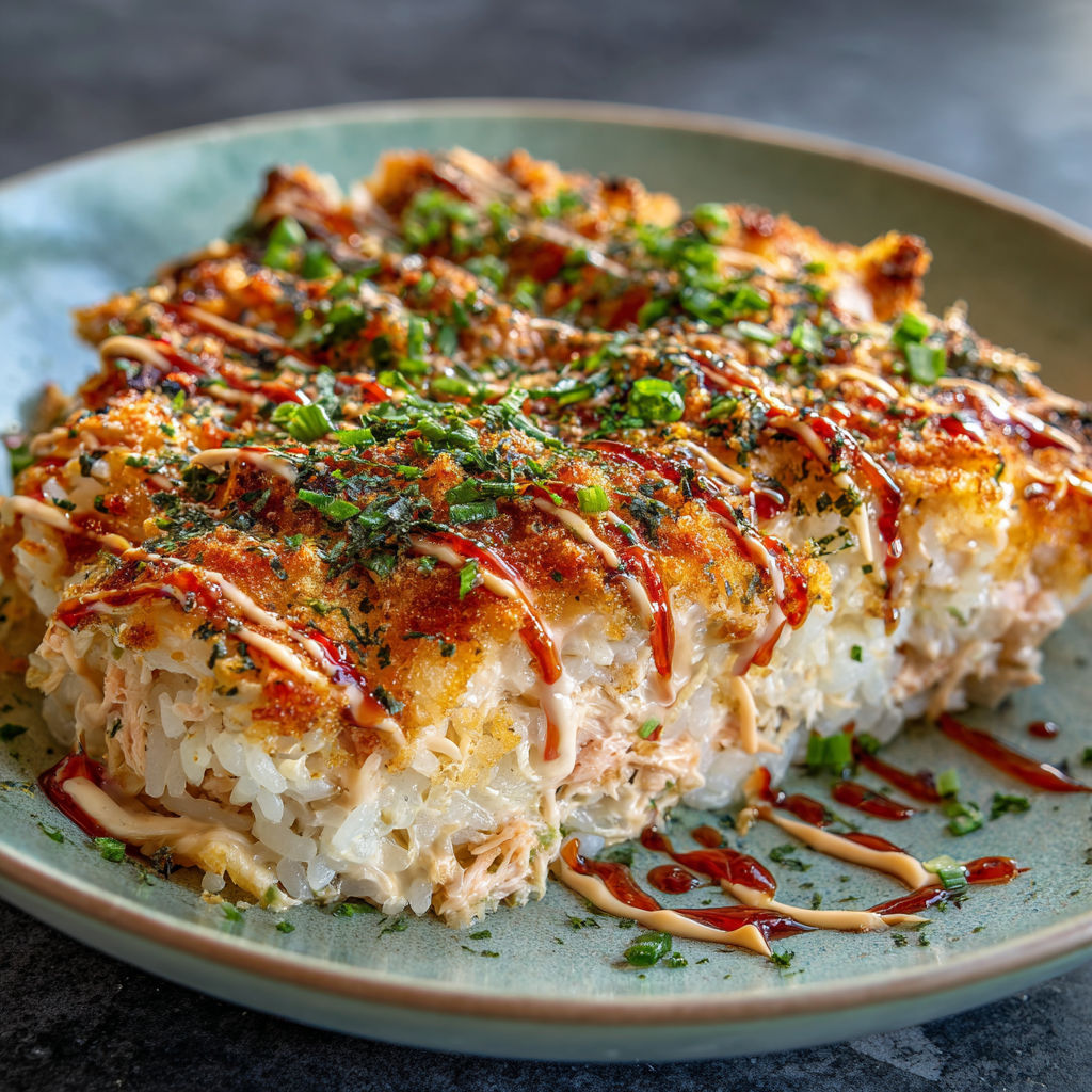 A plate of food with a sauce on top.