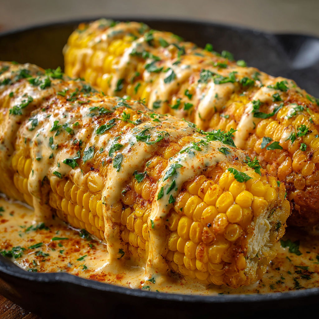 A plate of corn with sauce on it.