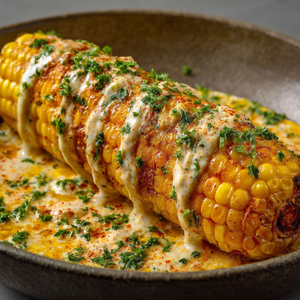 A corn on the cob with cheese and herbs.