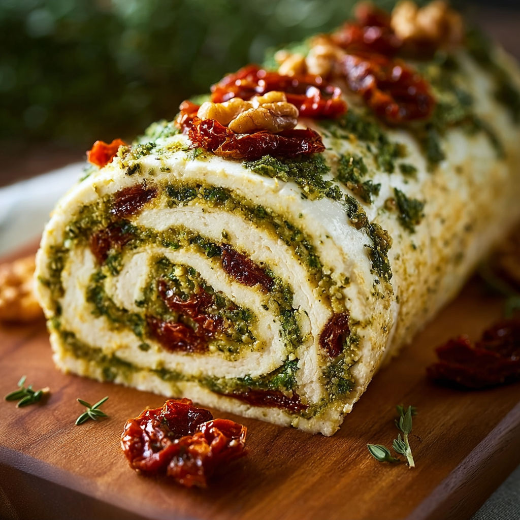A cheese log with pesto and sun dried tomatoes.
