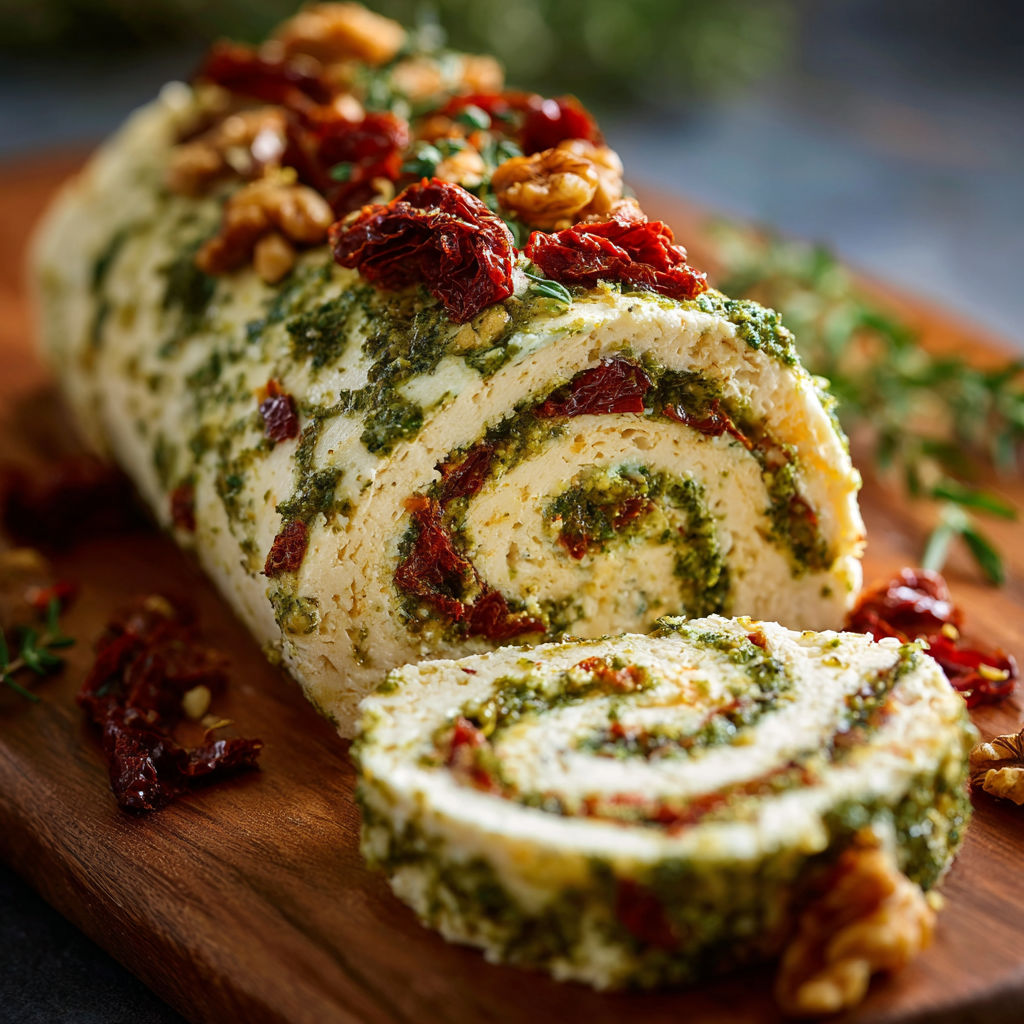 A spiral roll of food with a nut on top.